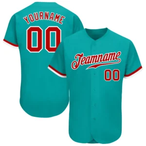 Custom Aqua Baseball Jersey with Red-White