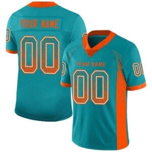 Custom Aqua Mesh Drift Fashion Football Jersey with Orange