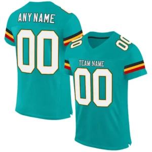Custom Aqua Mesh Football Jersey with White-Gold-Red