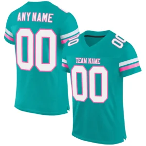 Custom Aqua Mesh Football Jersey with White-Pink