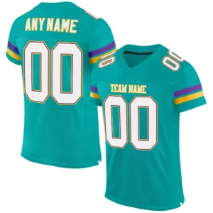 Custom Aqua Mesh Football Jersey with White-Purple-Gold