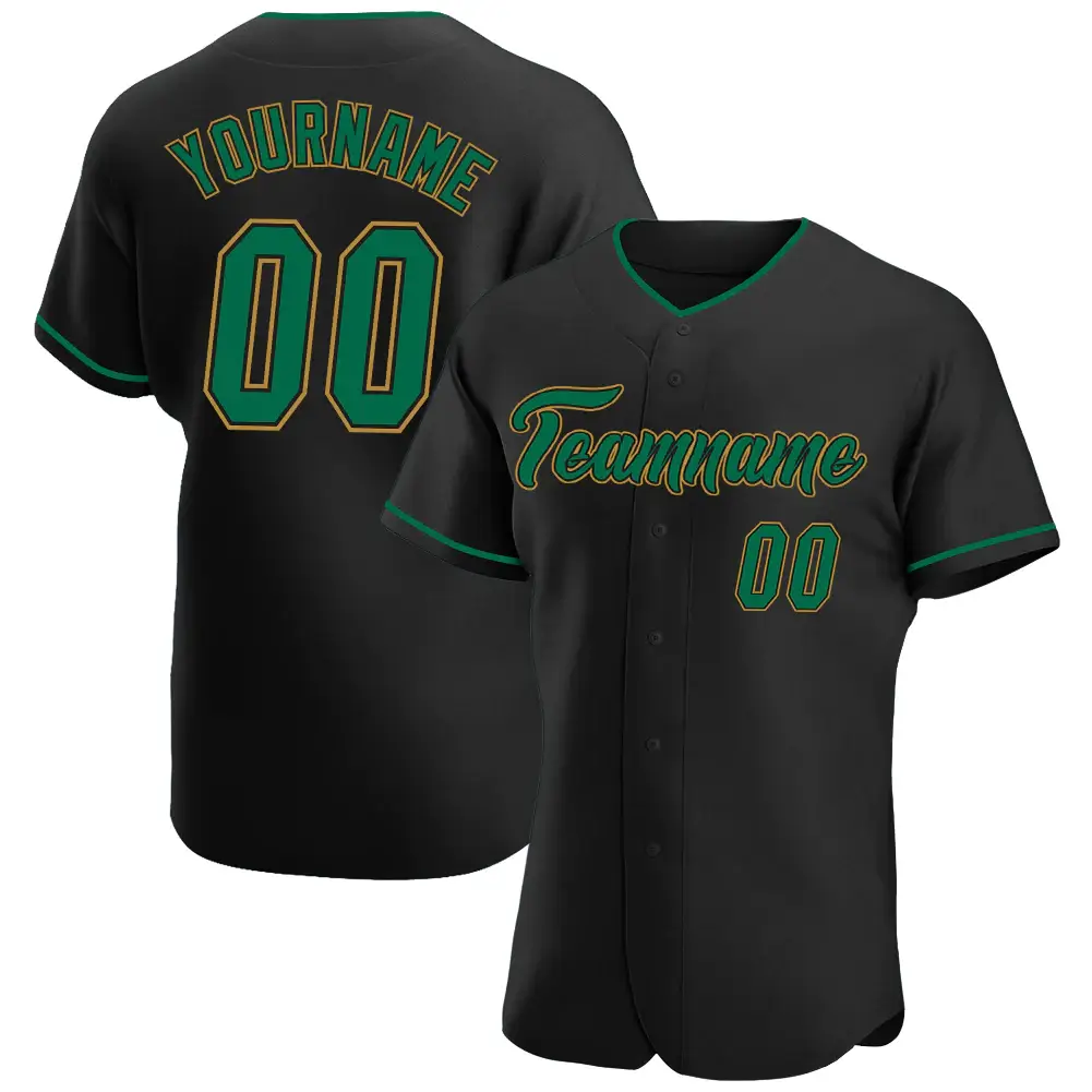 Custom Black Baseball Jersey with Kelly Green-Old Gold