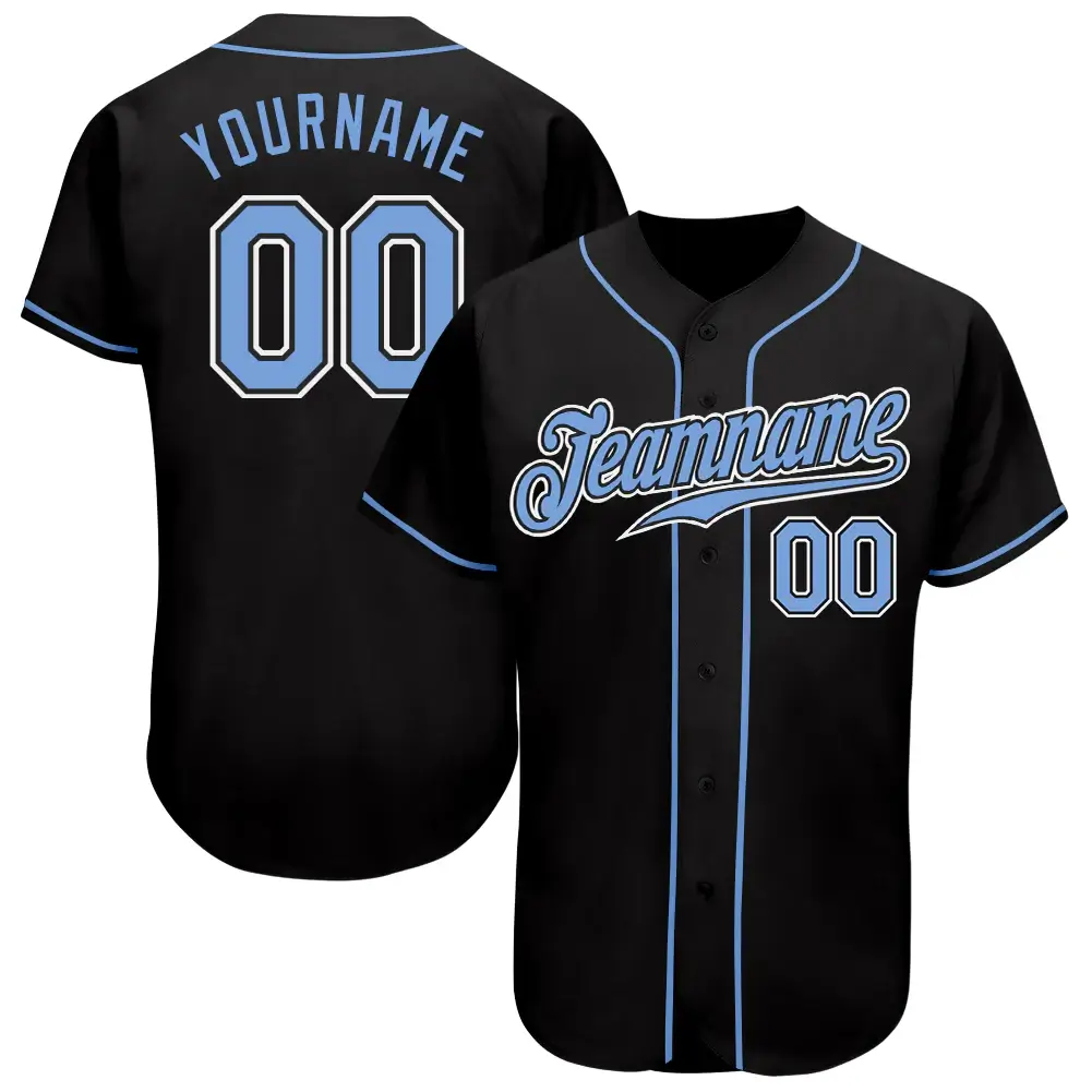 Custom Black Baseball Jersey with Light Blue-White