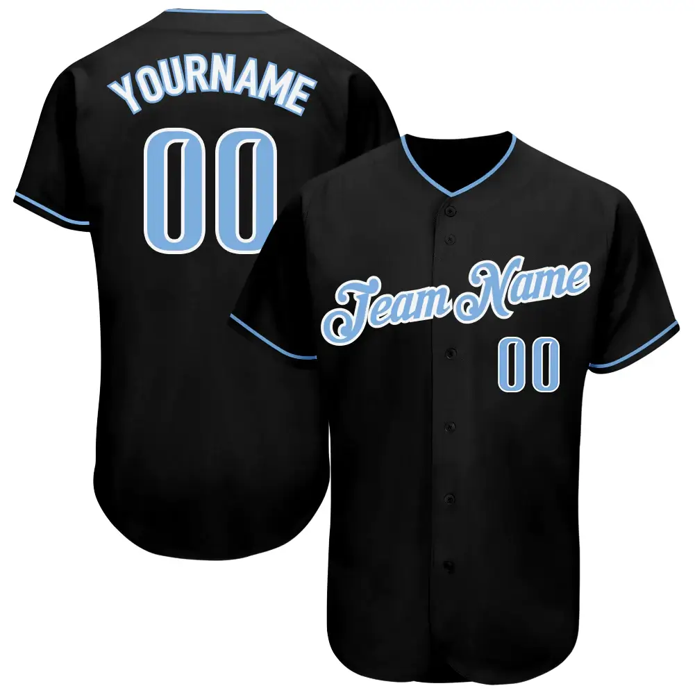 Custom Black Baseball Jersey with Light Blue-White