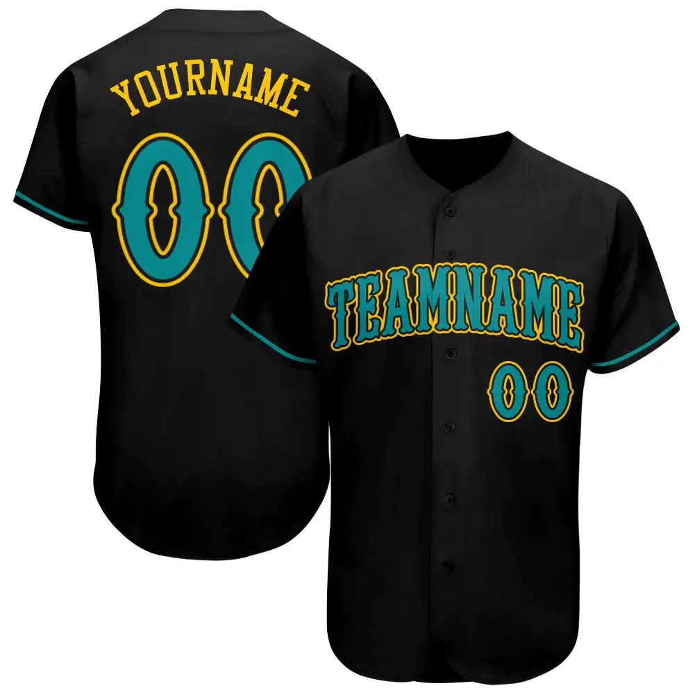 Custom Black Baseball Jersey with Teal-Gold