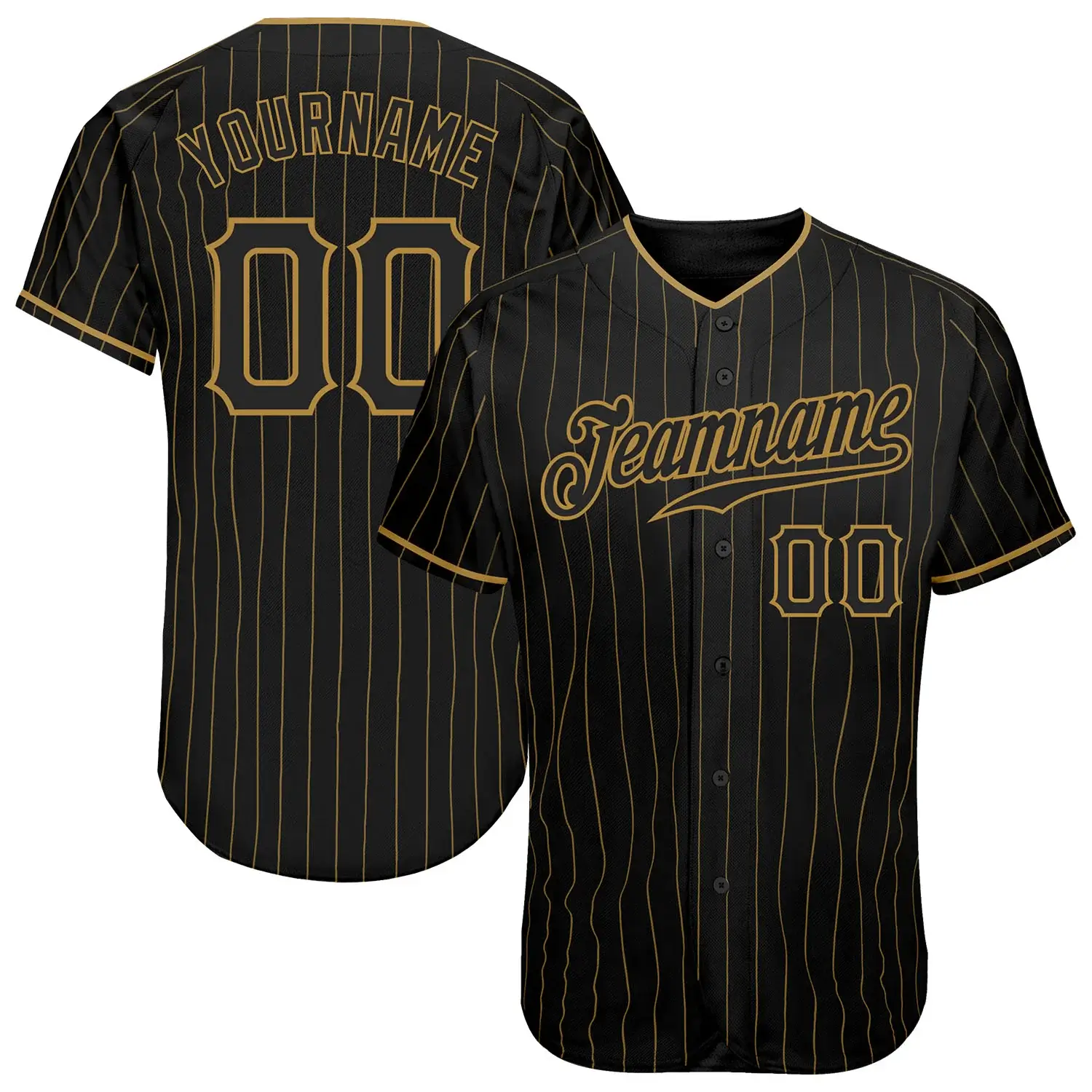 Custom Black Pinstripe Baseball Jersey with Black-Old Gold