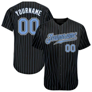 Custom Black Pinstripe Baseball Jersey with Light Blue-White