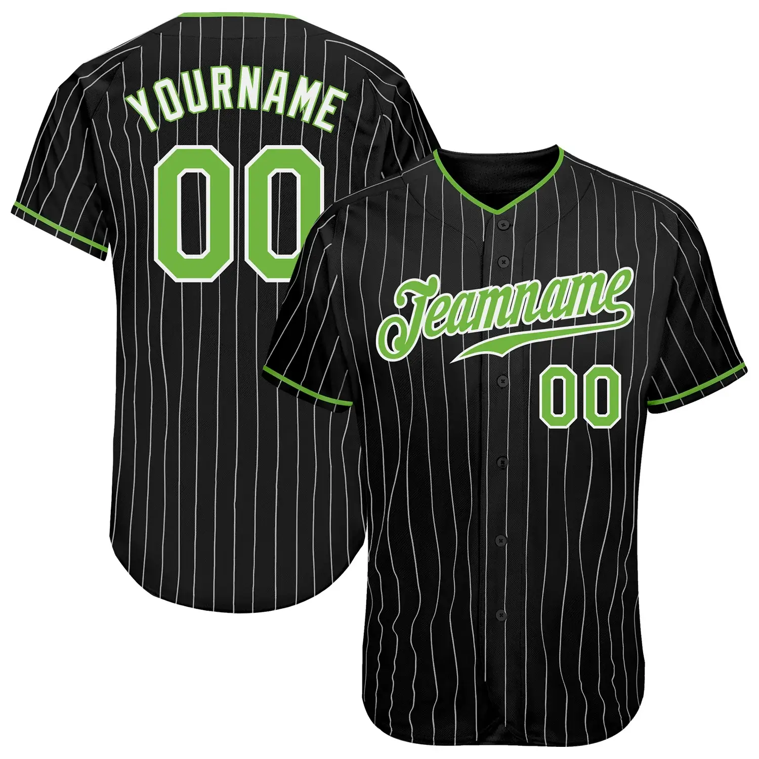 Custom Black Pinstripe Baseball Jersey with Neon Green-White
