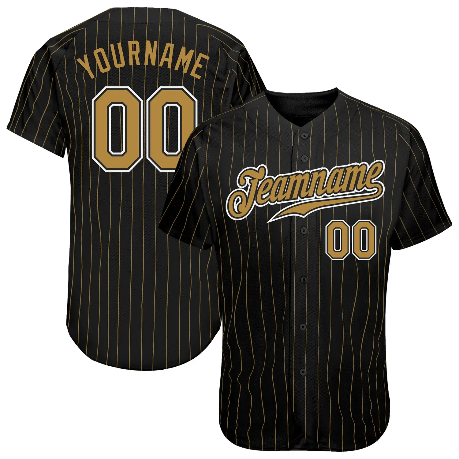 Custom Black Pinstripe Baseball Jersey with Old Gold-White