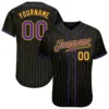 Custom Black Pinstripe Baseball Jersey with Purple-Gold