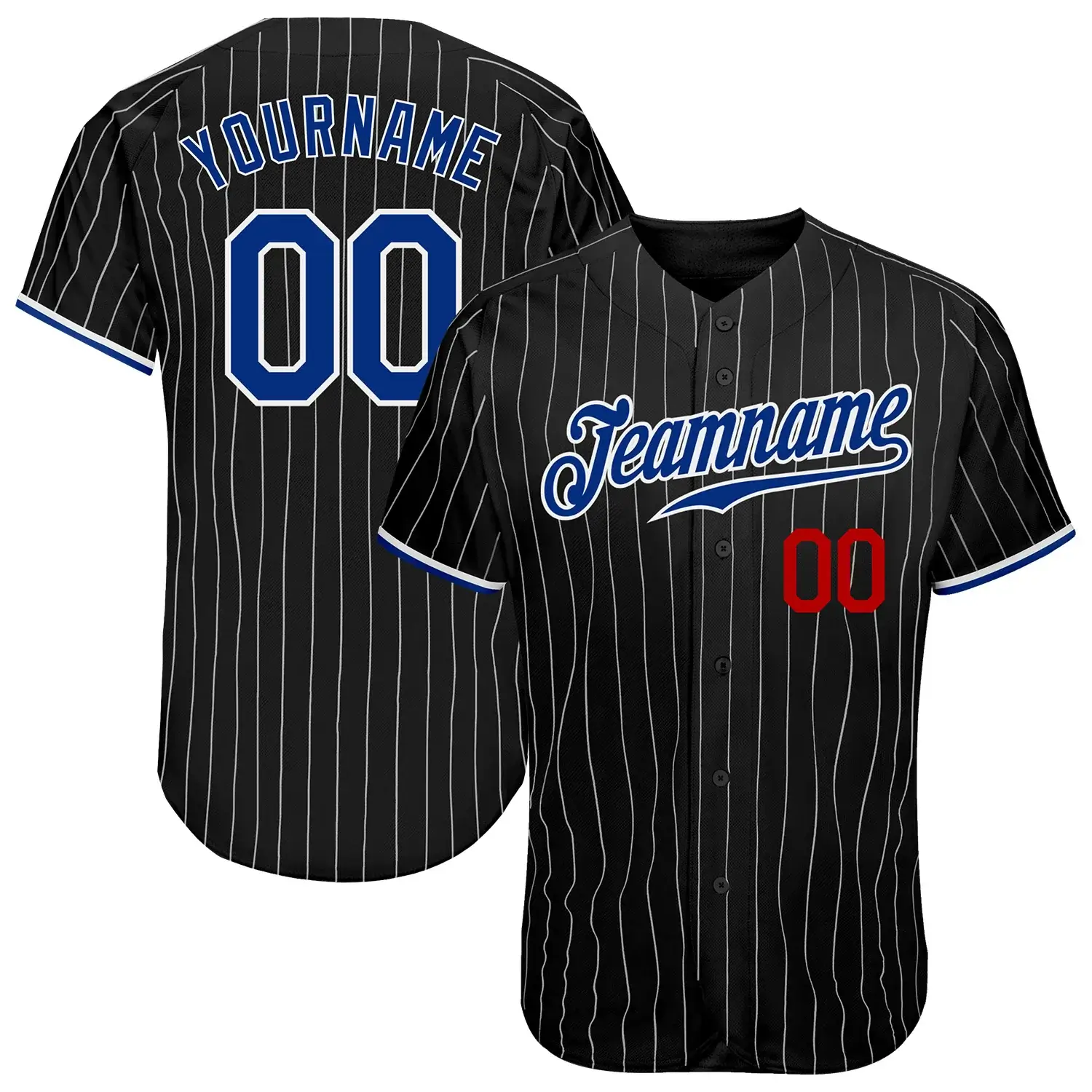 Custom Black Pinstripe Baseball Jersey with Royal-Red