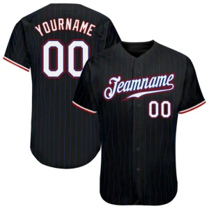 Custom Black Pinstripe Baseball Jersey with White-Red