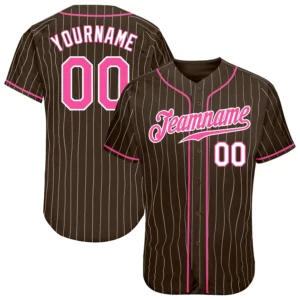Custom Brown Pinstripe Baseball Jersey with Pink-White