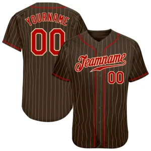 Custom Brown Pinstripe Baseball Jersey with Red-Cream