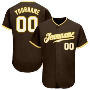 Custom Brown Baseball Jersey with White-Gold