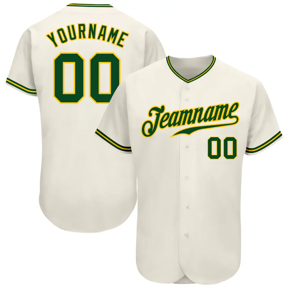 Custom Cream Baseball Jersey with Green-Gold