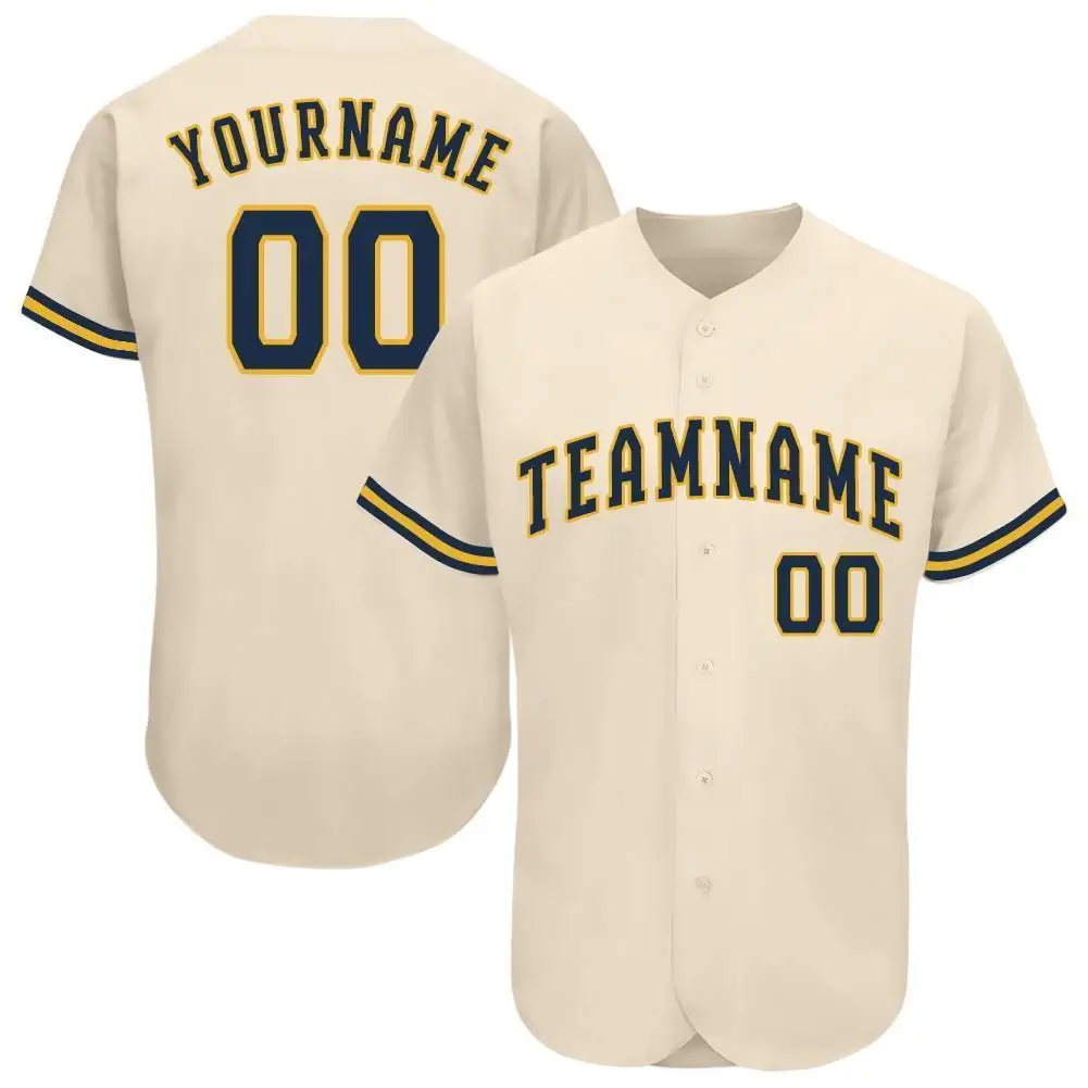 Custom Cream Baseball Jersey with Navy-Gold