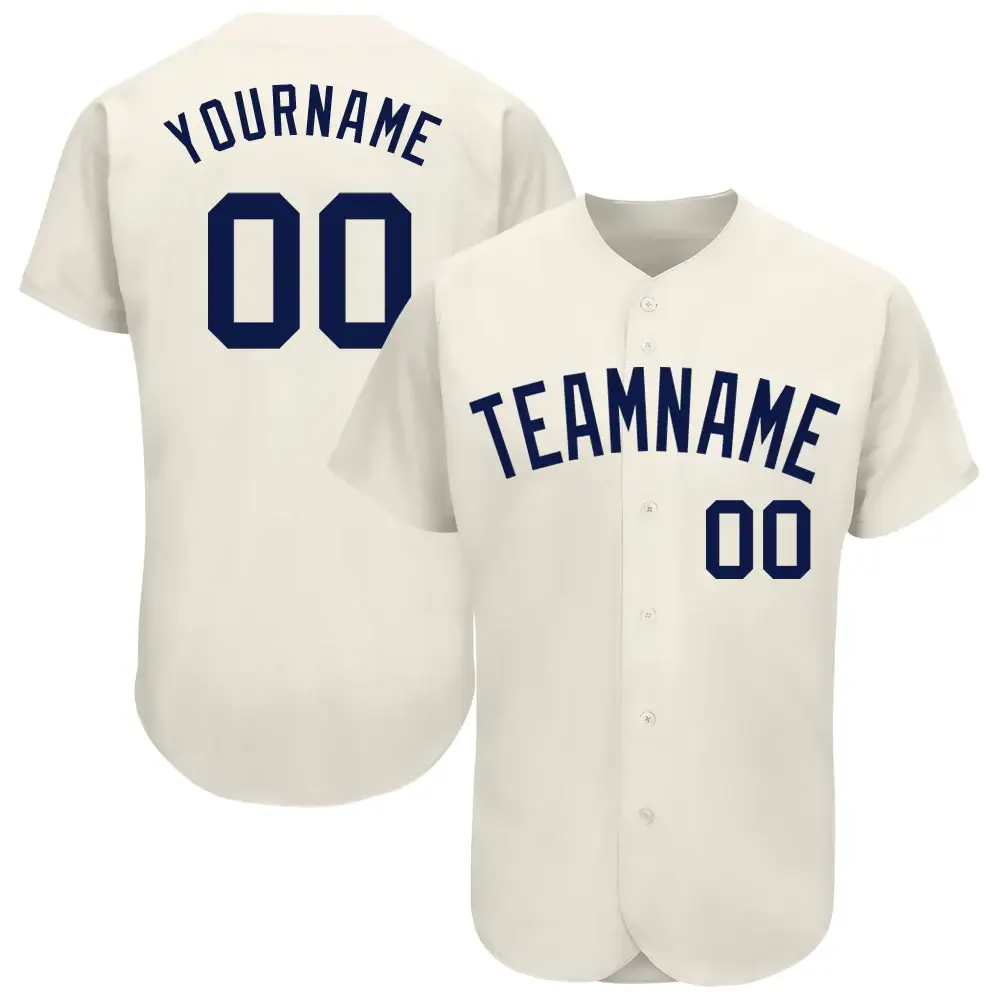 Custom Cream Baseball Jersey with Navy