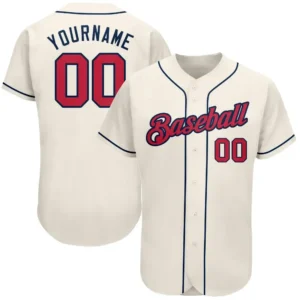 Custom Cream Baseball Jersey with Red-Navy