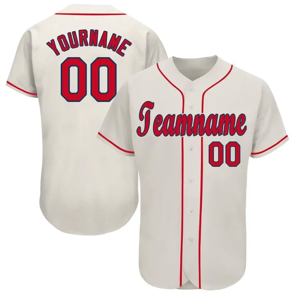 Custom Cream Baseball Jersey with Red-Navy