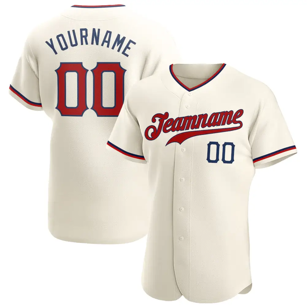 Custom Cream Baseball Jersey with Red-Navy