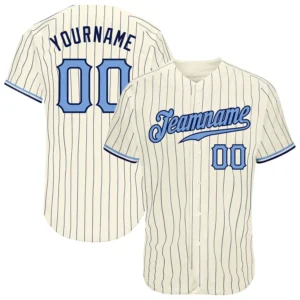 Custom Cream Pinstripe Baseball Jersey with Light Blue-Navy