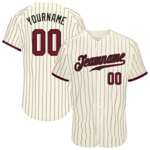 Custom Cream Pinstripe Baseball Jersey with Crimson-Black
