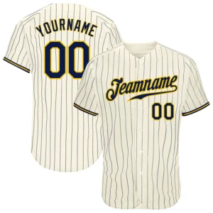 Custom Cream Pinstripe Baseball Jersey with Navy-Gold