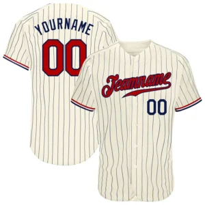 Custom Cream Pinstripe Baseball Jersey with Navy-Red