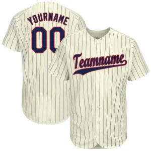 Custom Cream Pinstripe Baseball Jersey with Navy-Red