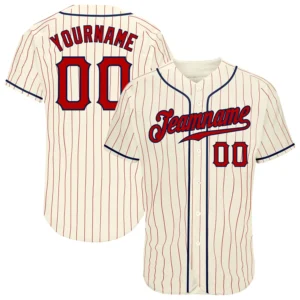 Custom Cream Pinstripe Baseball Jersey with Red-Navy