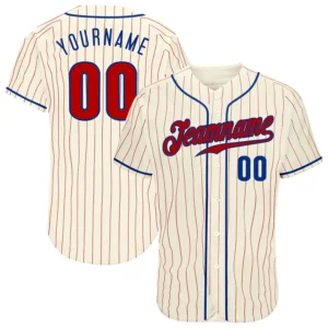 Custom Cream Pinstripe Baseball Jersey with Red-Royal