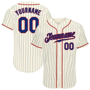 Custom Cream Pinstripe Baseball Jersey with Royal-Red