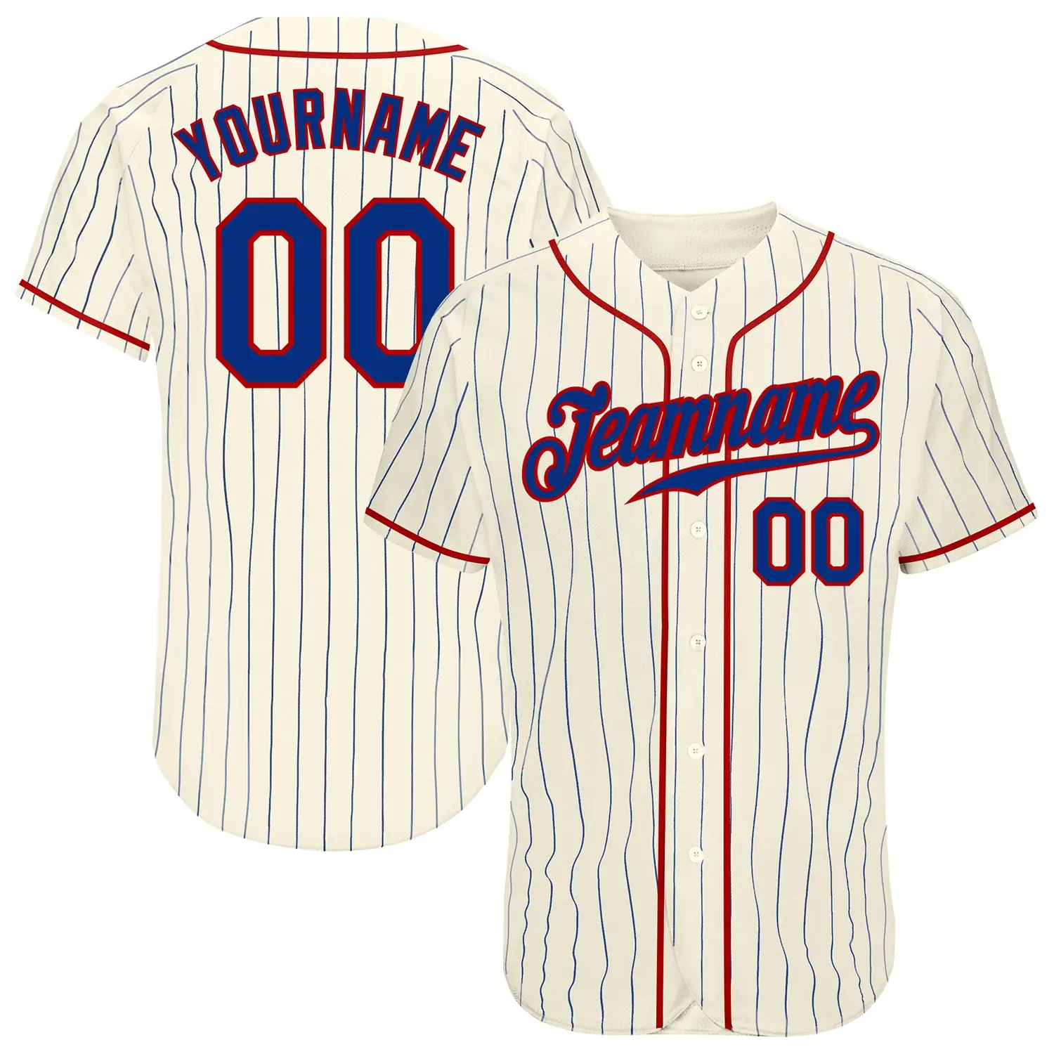 Custom Cream Pinstripe Baseball Jersey with Royal-Red