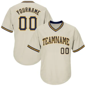 Custom Cream Throwback Baseball Jersey with Navy-Gold