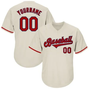 Custom Cream Throwback Baseball Jersey with Red-Navy