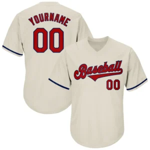 Custom Cream Throwback Baseball Jersey with Red-Navy