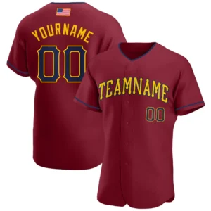 Custom Crimson USA Flag Fashion Baseball Jersey with Navy-Gold