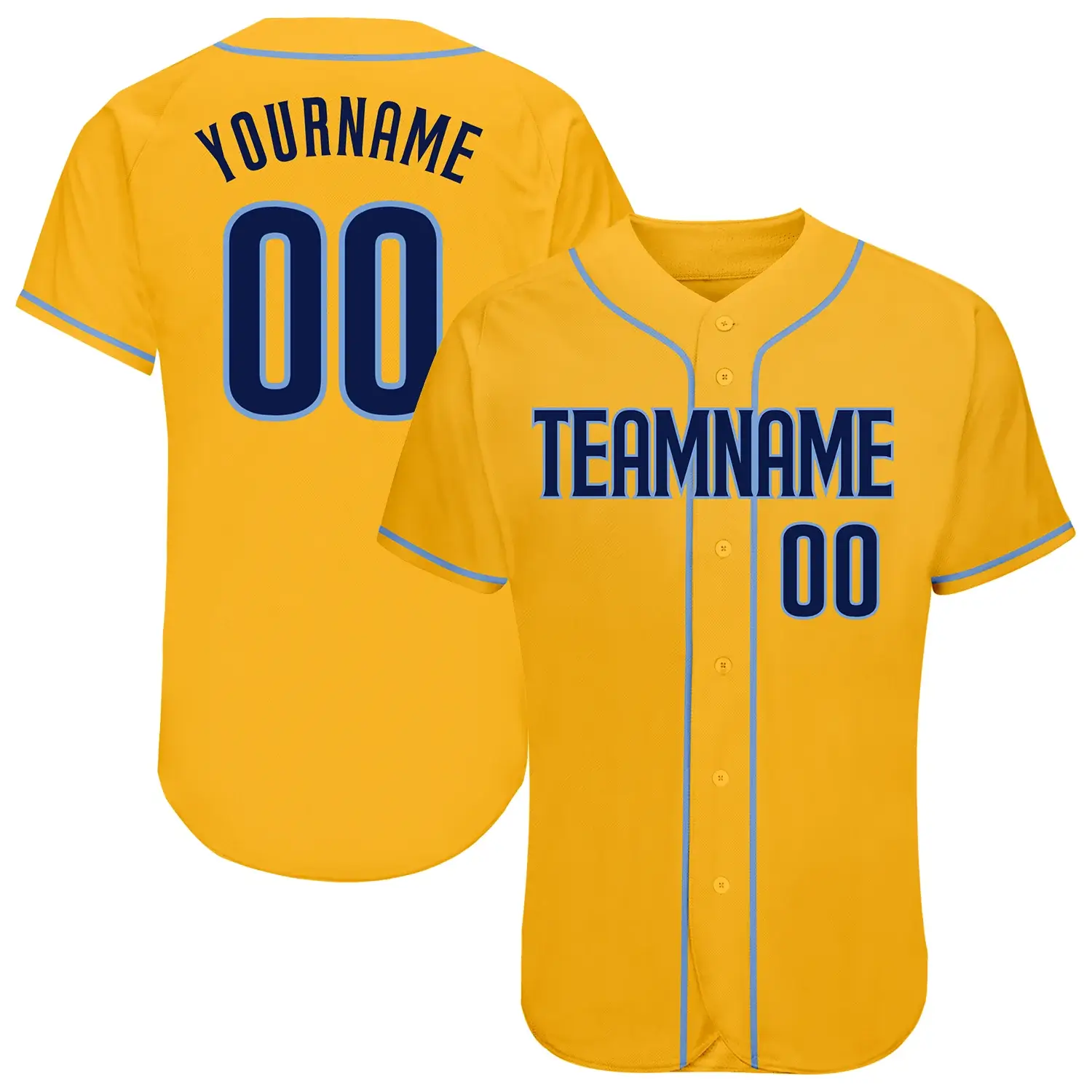 Custom Gold Baseball Jersey with Navy-Light Blue