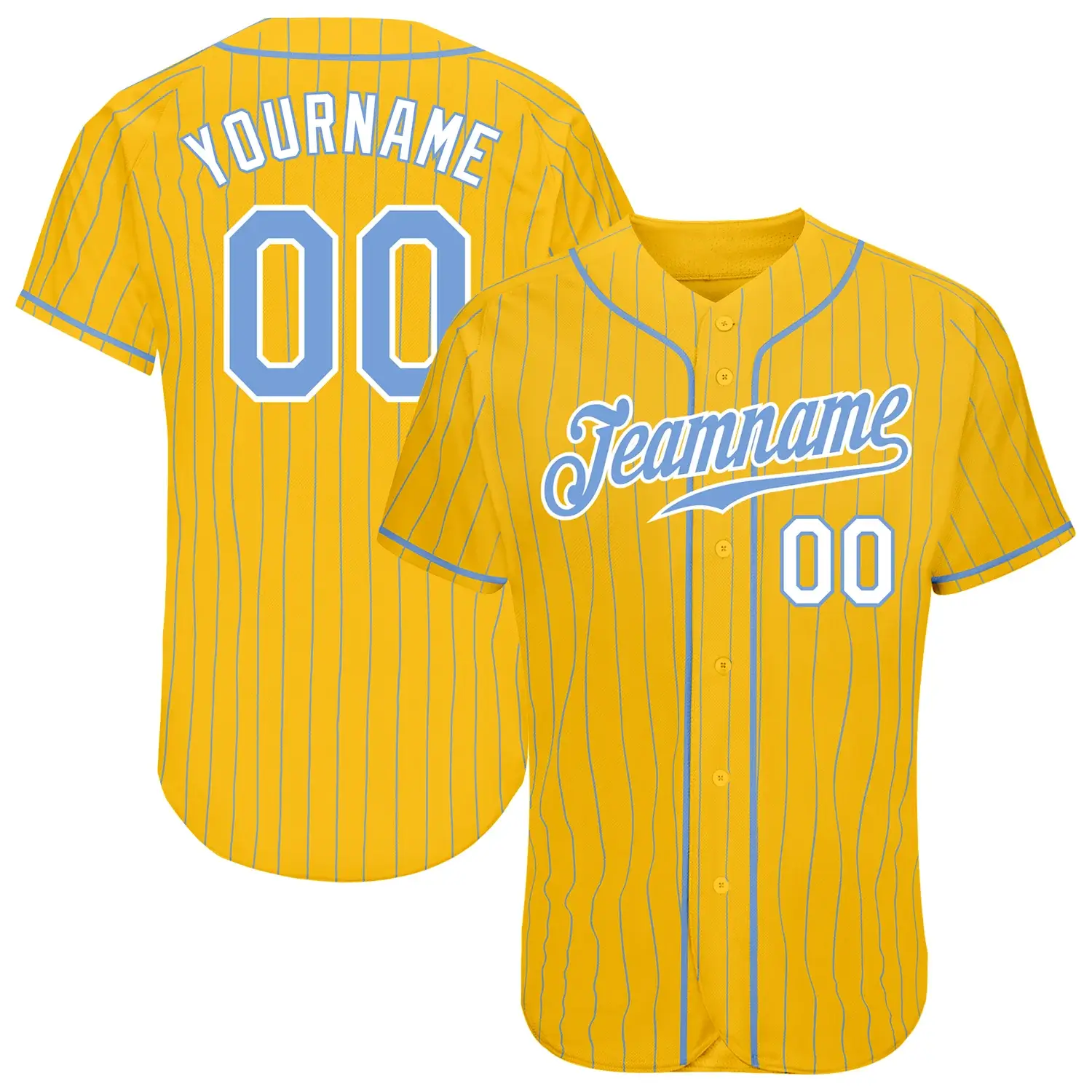 Custom Gold Pinstripe Baseball Jersey with Light Blue-White