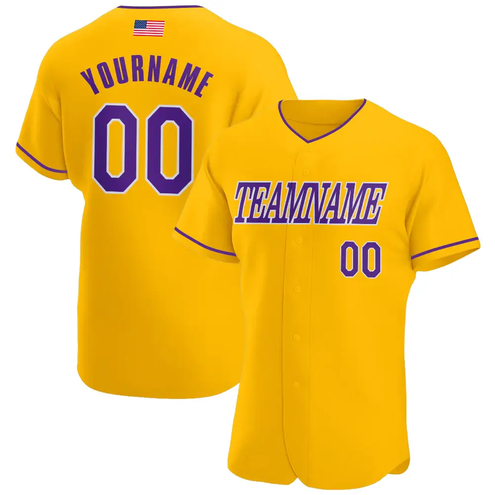 Custom Gold USA Flag Fashion Baseball Jersey with Purple-White