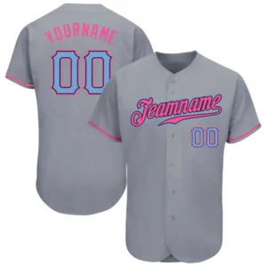 Custom Gray Baseball Jersey with Light Blue-Pink