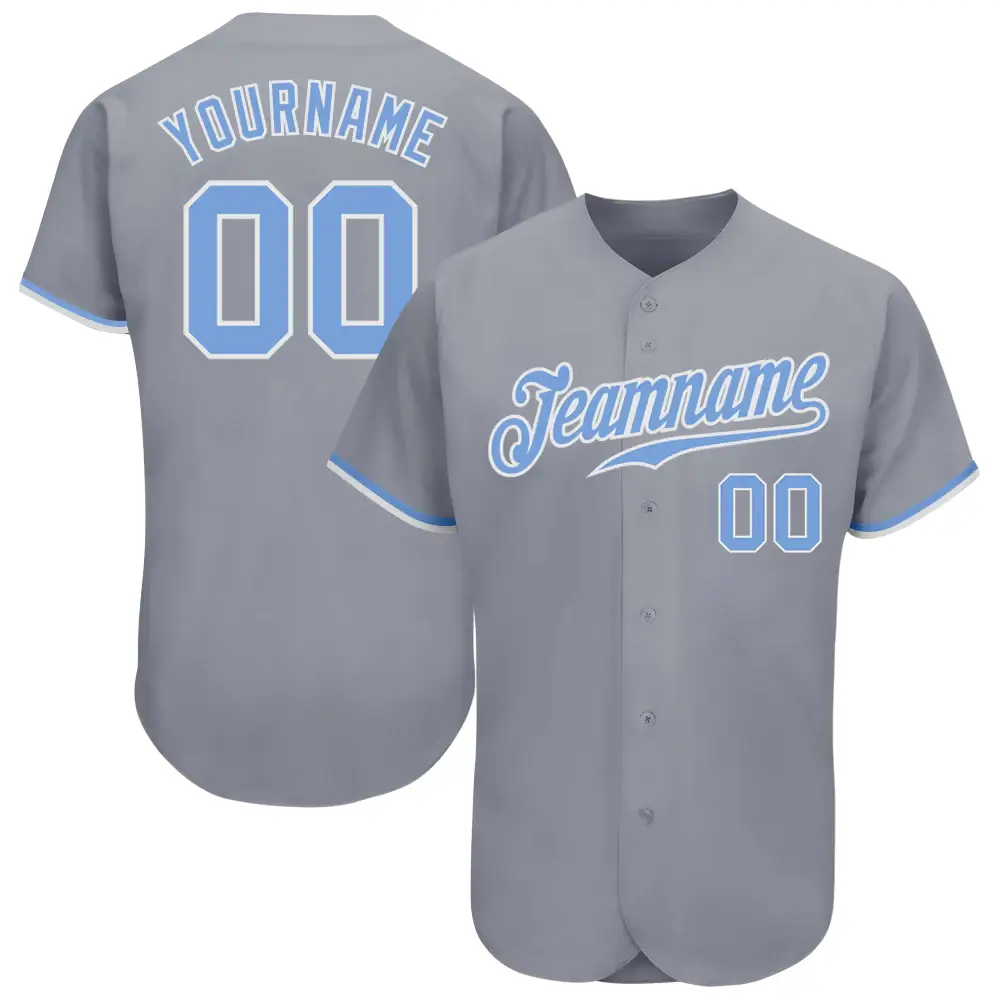 Custom Gray Baseball Jersey with Light Blue-White