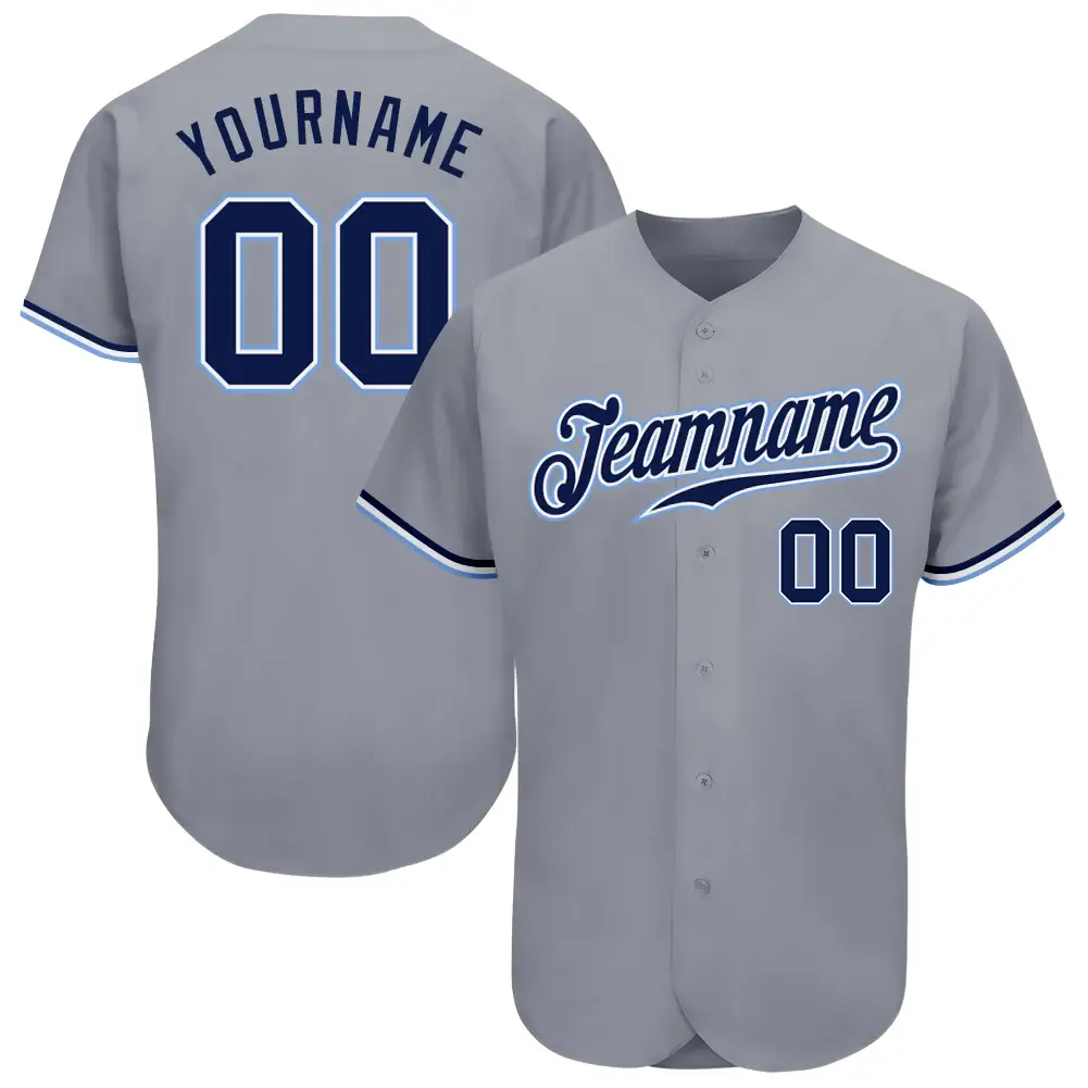 Custom Gray Baseball Jersey with Navy-White-Light Blue