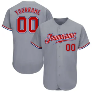 Custom Gray Baseball Jersey with Red-White-Royal
