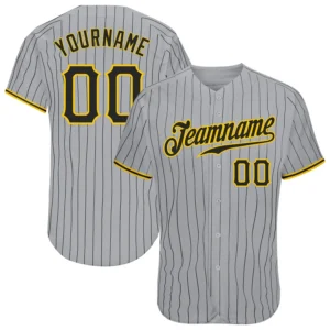 Custom Gray Pinstripe Baseball Jersey with Black-Gold