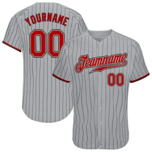 Custom Gray Pinstripe Baseball Jersey with Red-Black