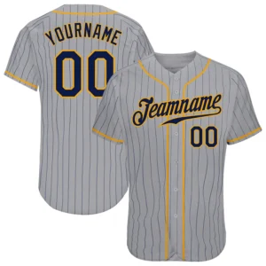 Custom Gray Pinstripe Baseball Jersey with Navy-Gold