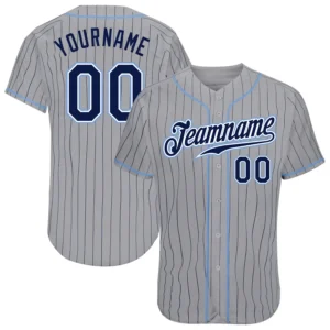 Custom Gray Pinstripe Baseball Jersey with Navy-Light Blue