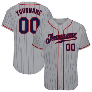 Custom Gray Pinstripe Baseball Jersey with Navy-Red